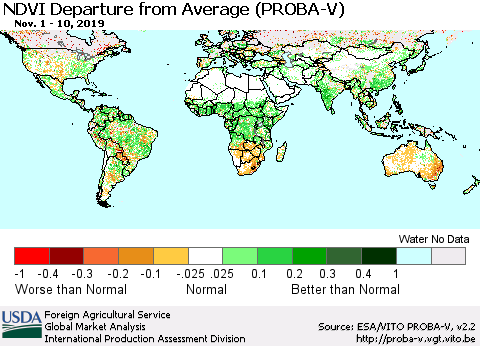 World NDVI Departure from Average (PROBA-V) Thematic Map For 11/1/2019 - 11/10/2019