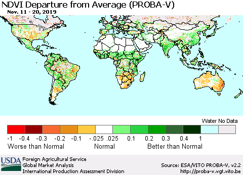 World NDVI Departure from Average (PROBA-V) Thematic Map For 11/11/2019 - 11/20/2019