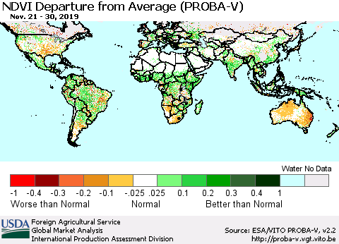 World NDVI Departure from Average (PROBA-V) Thematic Map For 11/21/2019 - 11/30/2019