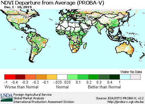 World NDVI Departure from Average (PROBA-V) Thematic Map For 12/1/2019 - 12/10/2019