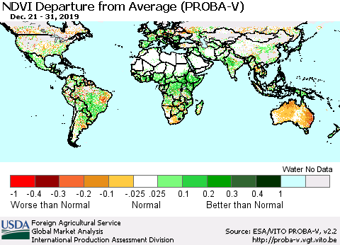 World NDVI Departure from Average (PROBA-V) Thematic Map For 12/21/2019 - 12/31/2019