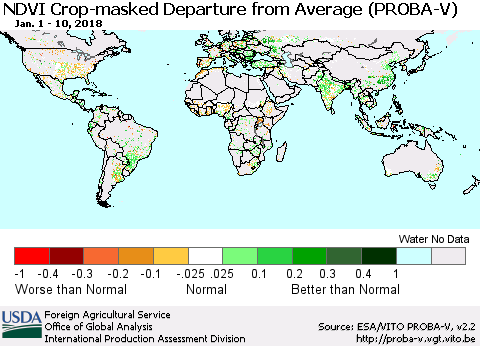 World NDVI Crop-masked Departure from Average (PROBA-V) Thematic Map For 1/1/2018 - 1/10/2018