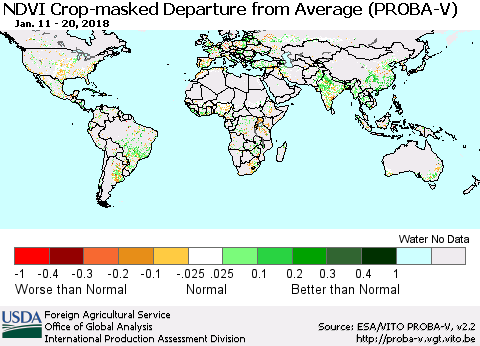 World NDVI Crop-masked Departure from Average (PROBA-V) Thematic Map For 1/11/2018 - 1/20/2018