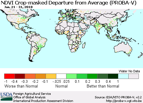 World NDVI Crop-masked Departure from Average (PROBA-V) Thematic Map For 1/21/2018 - 1/31/2018