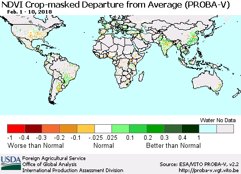 World NDVI Crop-masked Departure from Average (PROBA-V) Thematic Map For 2/1/2018 - 2/10/2018