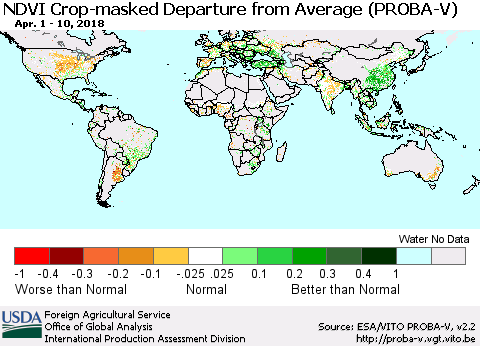 World NDVI Crop-masked Departure from Average (PROBA-V) Thematic Map For 4/1/2018 - 4/10/2018