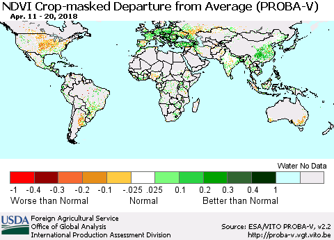 World NDVI Crop-masked Departure from Average (PROBA-V) Thematic Map For 4/11/2018 - 4/20/2018