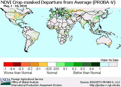World NDVI Crop-masked Departure from Average (PROBA-V) Thematic Map For 5/1/2018 - 5/10/2018