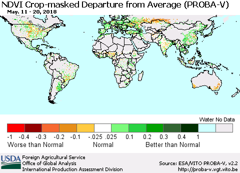 World NDVI Crop-masked Departure from Average (PROBA-V) Thematic Map For 5/11/2018 - 5/20/2018