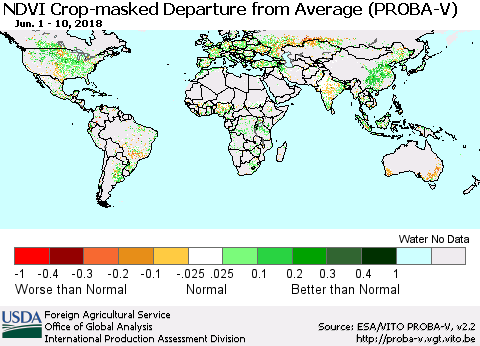 World NDVI Crop-masked Departure from Average (PROBA-V) Thematic Map For 6/1/2018 - 6/10/2018