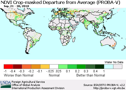 World NDVI Crop-masked Departure from Average (PROBA-V) Thematic Map For 9/21/2018 - 9/30/2018