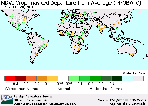 World NDVI Crop-masked Departure from Average (PROBA-V) Thematic Map For 11/11/2018 - 11/20/2018