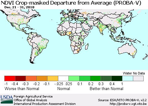 World NDVI Crop-masked Departure from Average (PROBA-V) Thematic Map For 12/21/2018 - 12/31/2018