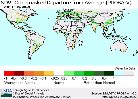 World NDVI Crop-masked Departure from Average (PROBA-V) Thematic Map For 4/1/2019 - 4/10/2019