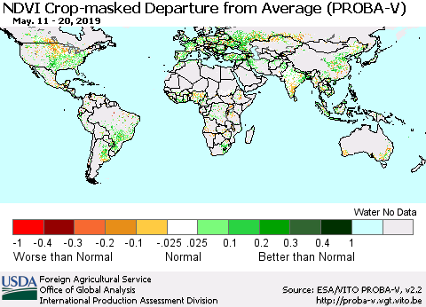 World NDVI Crop-masked Departure from Average (PROBA-V) Thematic Map For 5/11/2019 - 5/20/2019