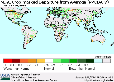 World NDVI Crop-masked Departure from Average (PROBA-V) Thematic Map For 6/11/2019 - 6/20/2019