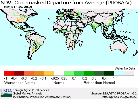World NDVI Crop-masked Departure from Average (PROBA-V) Thematic Map For 11/21/2019 - 11/30/2019