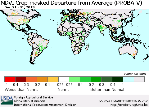 World NDVI Crop-masked Departure from Average (PROBA-V) Thematic Map For 12/21/2019 - 12/31/2019
