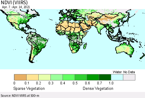 World NDVI (VIIRS) Thematic Map For 4/7/2021 - 4/14/2021