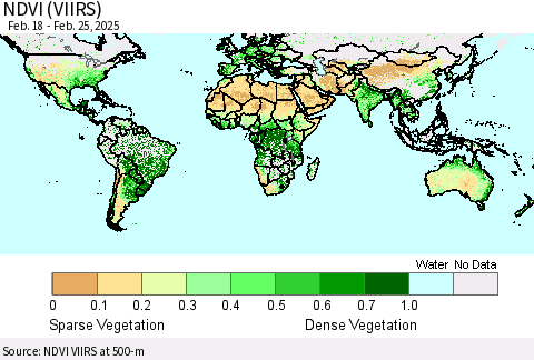 World NDVI (VIIRS) Thematic Map For 2/18/2025 - 2/25/2025