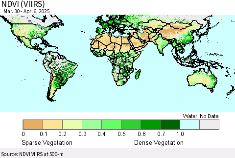 World NDVI (VIIRS) Thematic Map For 3/30/2025 - 4/6/2025