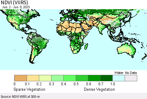 World NDVI (VIIRS) Thematic Map For 6/2/2025 - 6/9/2025