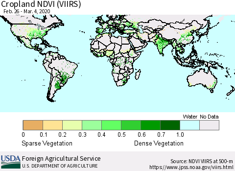 World Cropland NDVI (VIIRS) Thematic Map For 3/1/2020 - 3/10/2020