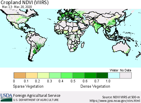 World Cropland NDVI (VIIRS) Thematic Map For 3/11/2020 - 3/20/2020