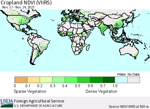 World Cropland NDVI (VIIRS) Thematic Map For 11/21/2023 - 11/30/2023