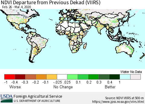World NDVI Departure from Previous Dekad (VIIRS) Thematic Map For 3/1/2020 - 3/10/2020