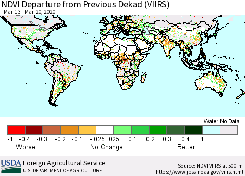 World NDVI Departure from Previous Dekad (VIIRS) Thematic Map For 3/11/2020 - 3/20/2020