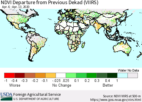 World NDVI Departure from Previous Dekad (VIIRS) Thematic Map For 4/11/2020 - 4/20/2020