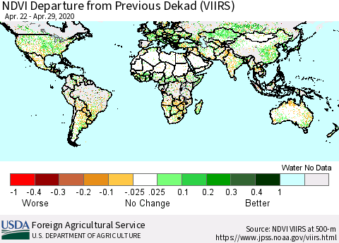 World NDVI Departure from Previous Dekad (VIIRS) Thematic Map For 4/21/2020 - 4/30/2020