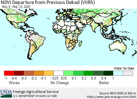 World NDVI Departure from Previous Dekad (VIIRS) Thematic Map For 5/11/2020 - 5/20/2020