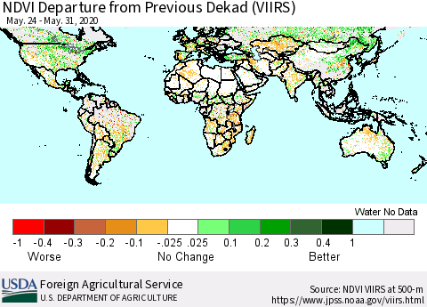 World NDVI Departure from Previous Dekad (VIIRS) Thematic Map For 5/21/2020 - 5/31/2020