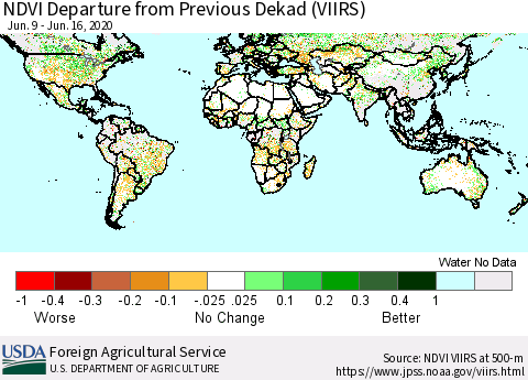 World NDVI Departure from Previous Dekad (VIIRS) Thematic Map For 6/11/2020 - 6/20/2020