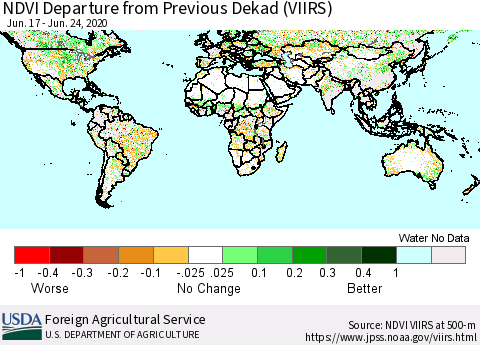 World NDVI Departure from Previous Dekad (VIIRS) Thematic Map For 6/21/2020 - 6/30/2020
