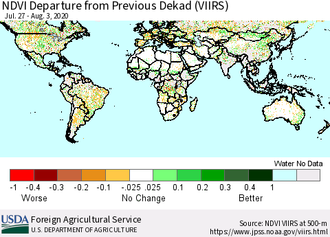 World NDVI Departure from Previous Dekad (VIIRS) Thematic Map For 8/1/2020 - 8/10/2020