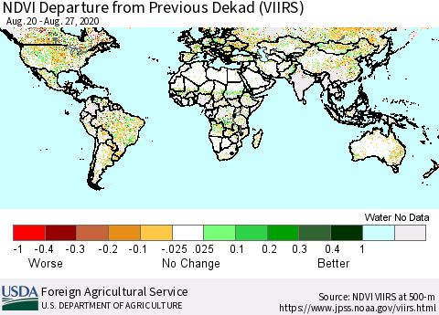 World NDVI Departure from Previous Dekad (VIIRS) Thematic Map For 8/21/2020 - 8/31/2020