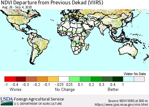 World NDVI Departure from Previous Dekad (VIIRS) Thematic Map For 9/1/2020 - 9/10/2020