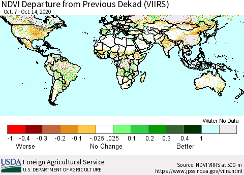 World NDVI Departure from Previous Dekad (VIIRS) Thematic Map For 10/11/2020 - 10/20/2020