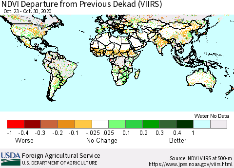 World NDVI Departure from Previous Dekad (VIIRS) Thematic Map For 10/21/2020 - 10/31/2020