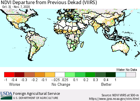 World NDVI Departure from Previous Dekad (VIIRS) Thematic Map For 11/1/2020 - 11/10/2020