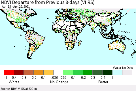 World NDVI Departure from Previous 8-days (VIIRS) Thematic Map For 4/15/2021 - 4/22/2021
