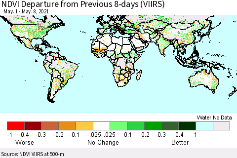 World NDVI Departure from Previous 8-days (VIIRS) Thematic Map For 5/1/2021 - 5/8/2021