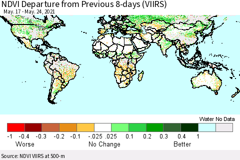 World NDVI Departure from Previous 8-days (VIIRS) Thematic Map For 5/17/2021 - 5/24/2021