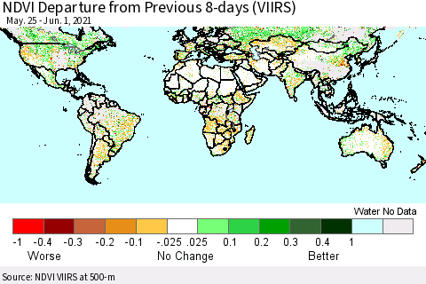 World NDVI Departure from Previous 8-days (VIIRS) Thematic Map For 5/25/2021 - 6/1/2021