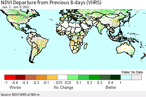 World NDVI Departure from Previous 8-days (VIIRS) Thematic Map For 6/2/2021 - 6/9/2021