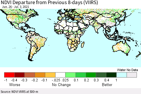 World NDVI Departure from Previous 8-days (VIIRS) Thematic Map For 6/26/2021 - 7/3/2021