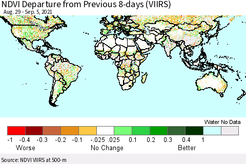World NDVI Departure from Previous 8-days (VIIRS) Thematic Map For 8/29/2021 - 9/5/2021